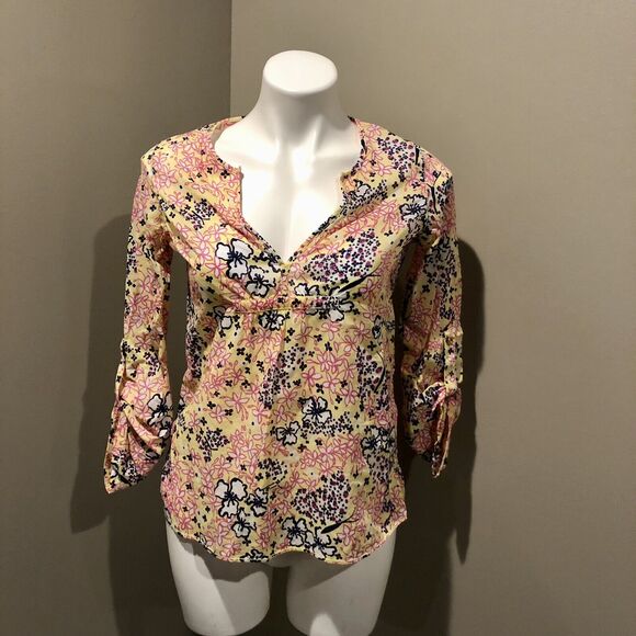 Lilly Pulitzer Blouse Tunic XS Multicolor Floral V Neck Empire Waist Roll Tab - Picture 10 of 10